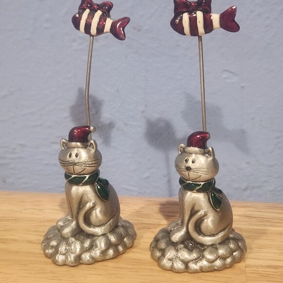 Vintage Pewter Cat with Fish Set of 2 Note Photo Card Holder Christmas Santa Hat - Picture 1 of 7